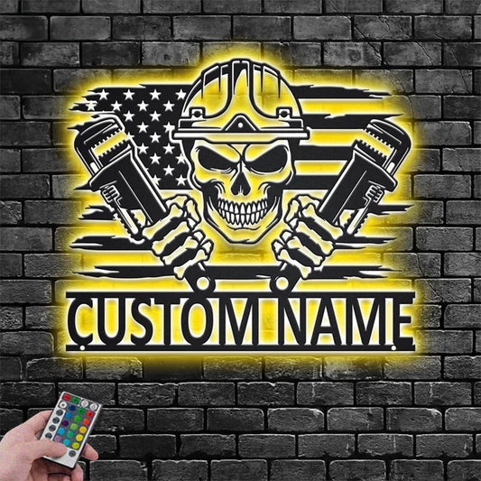 Personalized US Plumber Skull Metal Wall Signs With RGB Led Light