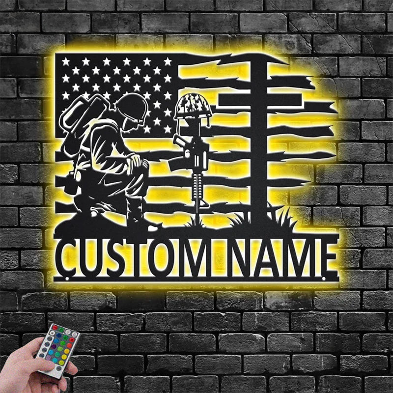 Personalized US Soldier Kneeling Metal Wall Signs With RGB Led Light