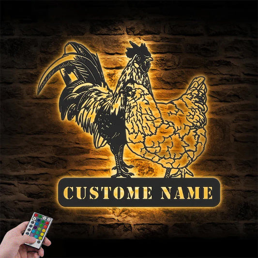 Personalized Valentine Couple Chicken Love Farmhouse Metal Wall Signs With RGB Led Light