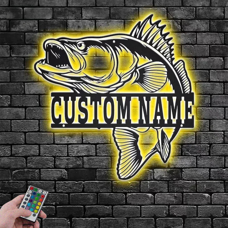 Personalized Walleye Fish Metal Wall Signs With RGB Led Light