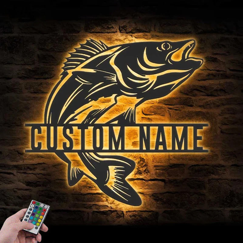 Personalized Walleye Fishing Metal Wall Signs With RGB Led Light
