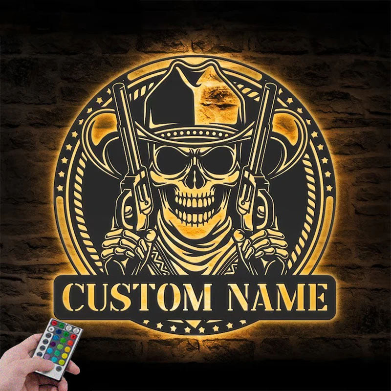 Personalized Western Cowboy Skull Hold Gun Metal Wall Signs With RGB Led Light