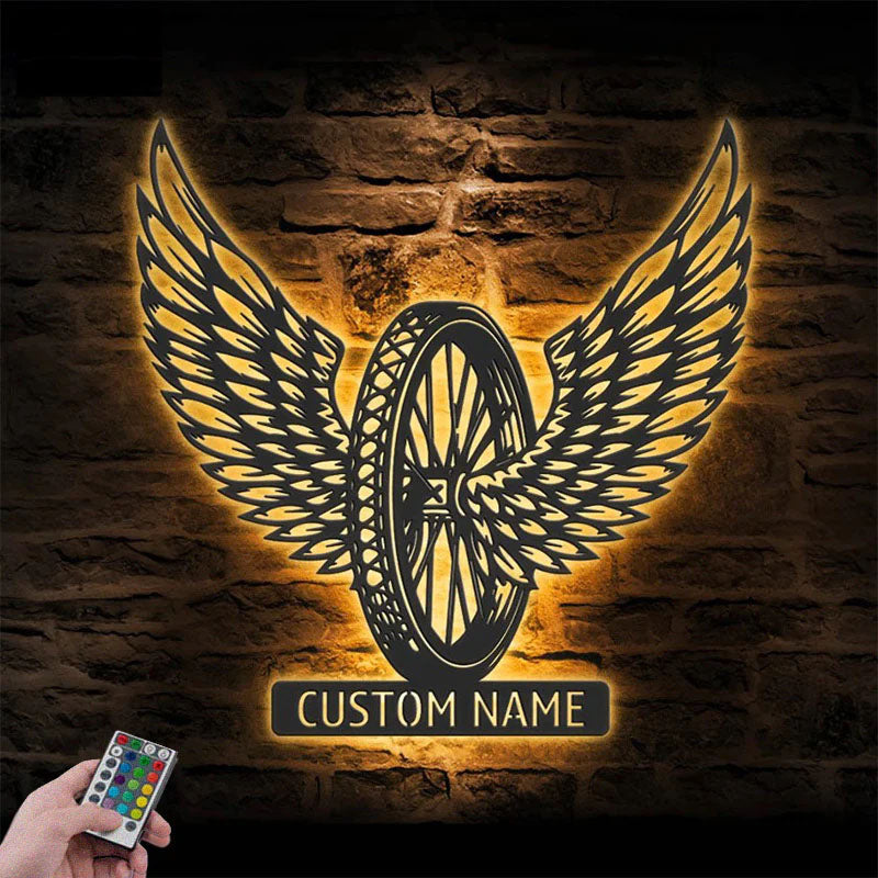 Personalized Winged Wheel Motocross Biker, Metal Wall Signs With RGB Led Light