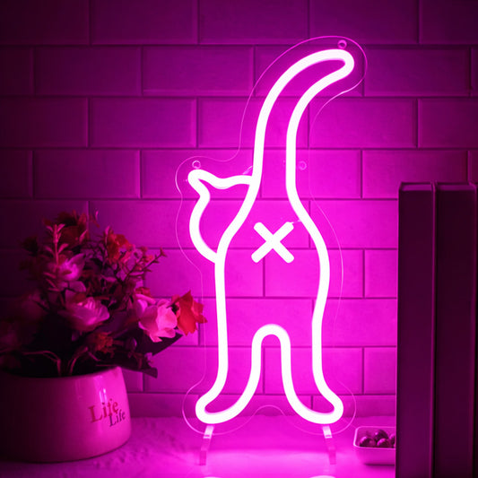 Pink Neon Cat with Cross – Playful Minimalist Neon Sign for Desk & Wall Decor