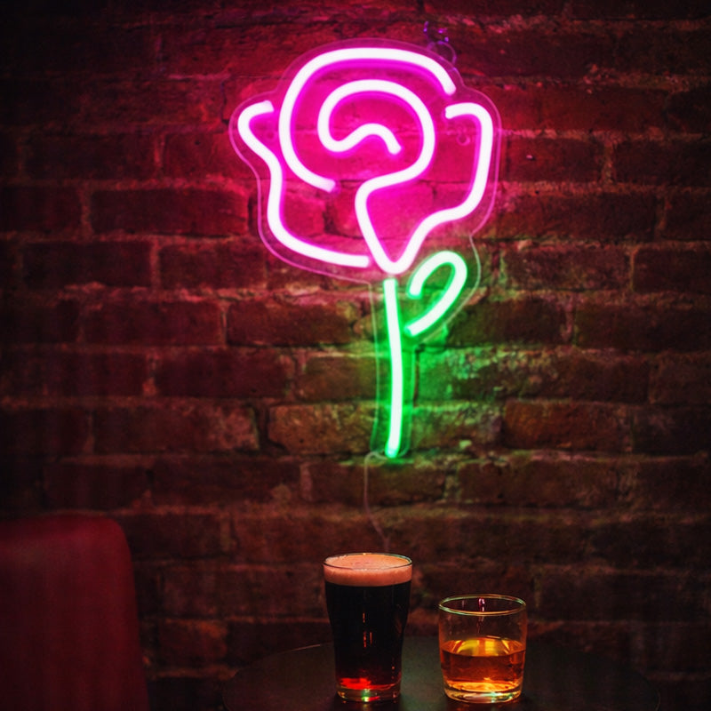 Pink Rose Neon Sign with Green Stem – Romantic Floral LED Wall Light