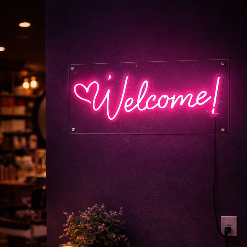 Pink “Welcome!” LED Neon Sign – Modern Acrylic Wall Decor Light