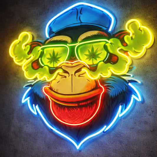 Psychedelic Monkey Neon Wall Sign – Trippy Ape with Green Smoke Glasses, Multicolor LED Neon Art for Living Room, Bar, Studio, or Creative Space