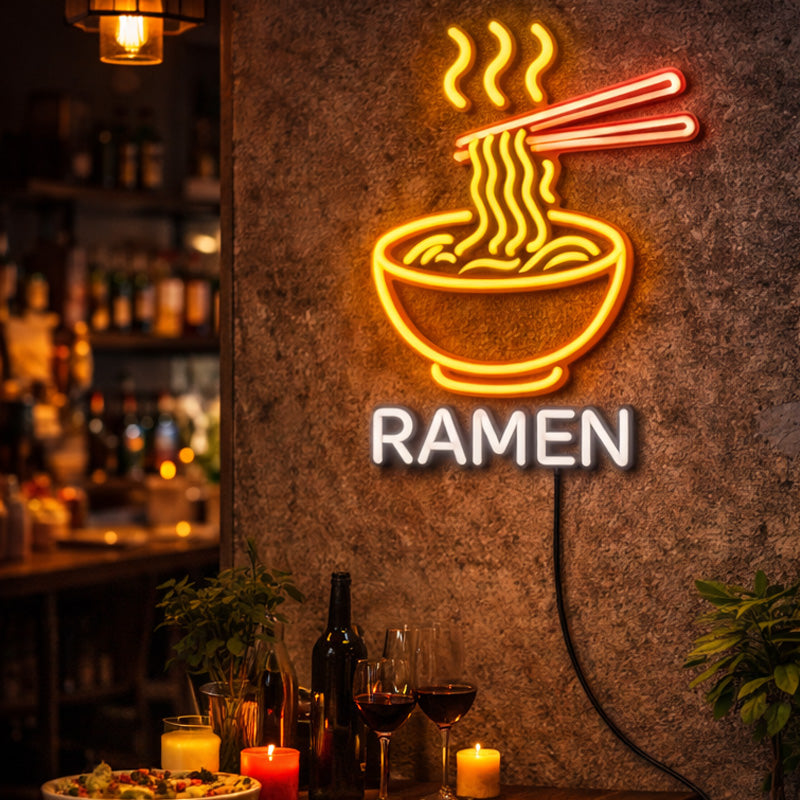Ramen Bowl LED Neon Sign – Warm Yellow & White Wall Decor for Japanese Restaurant