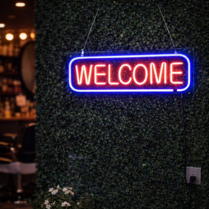 Red & Blue “Welcome” LED Neon Sign – Modern Acrylic Wall Light