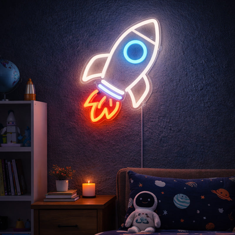 Rocket Ship Neon Sign with Flame – LED Space Wall Light for Kids Bedroom & Playroom