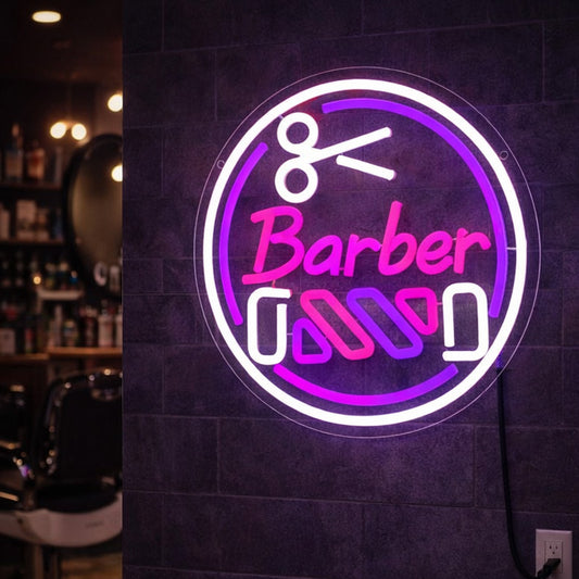 Round Barber Neon Sign with Scissors – LED Wall Light