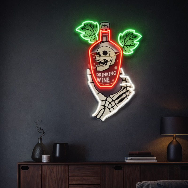 Skeleton Wine Bottle Neon Wall Sign – Gothic Cocktail LED Light for Bars, Lounges & Modern Interiors
