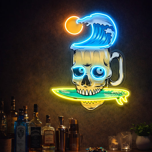 Skull Surf Neon Sign – Beer Mug Skeleton with Wave & Surfboard LED Wall Light