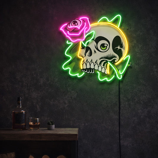 Skull & Rose Neon Wall Sign – Gothic Floral LED Art with Green Glow Accents