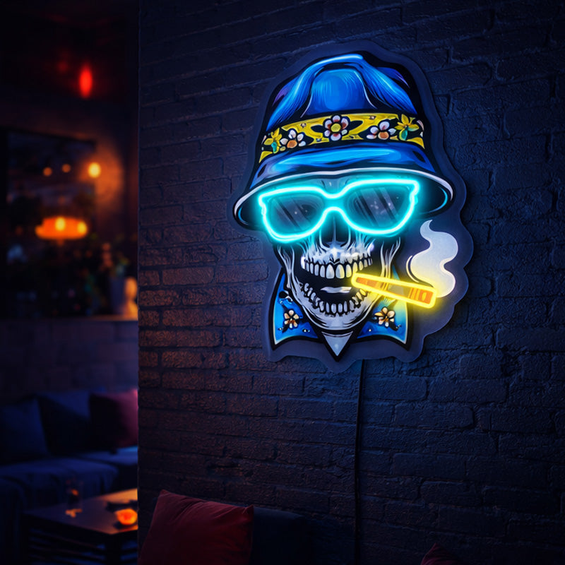 Skull with Hat Neon Sign – Cool Blue LED Wall Art with Glasses & Cigar