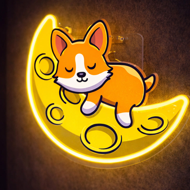 Sleeping Corgi on Crescent Moon – Cute Neon LED Wall Light