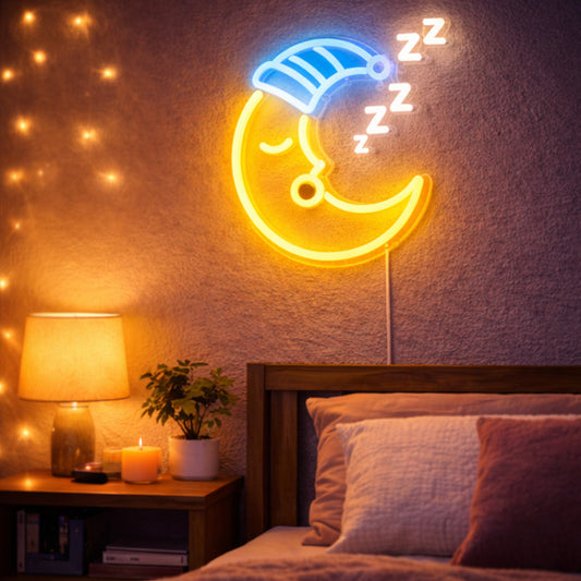 Sleeping Moon Neon Sign – Cute Night LED Wall Light with Zzz Detail
