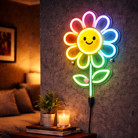 Smiley Flower Neon Sign – Rainbow LED Neon Wall Light for Kids Room & Happy Decor