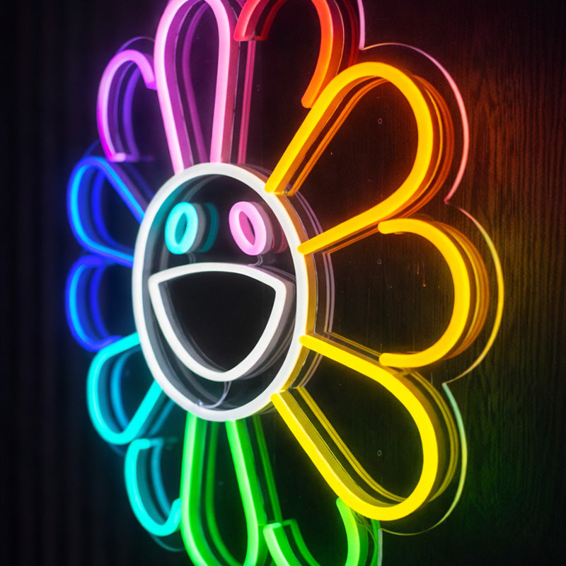 Smiley Rainbow Flower Neon Sign – Colorful LED Wall Art with Happy Face