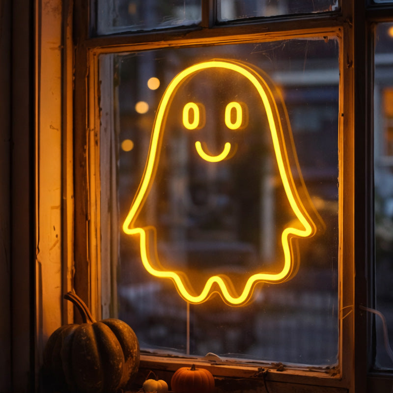 Smiling Ghost Neon Sign – Warm Yellow LED Window & Wall Decor
