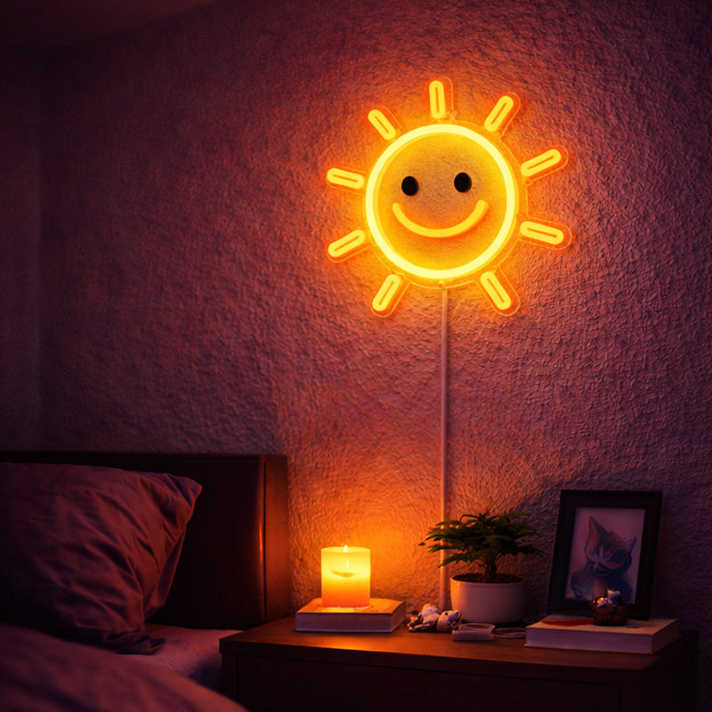 Smiling Sun Neon Sign – Warm Yellow LED Wall Light