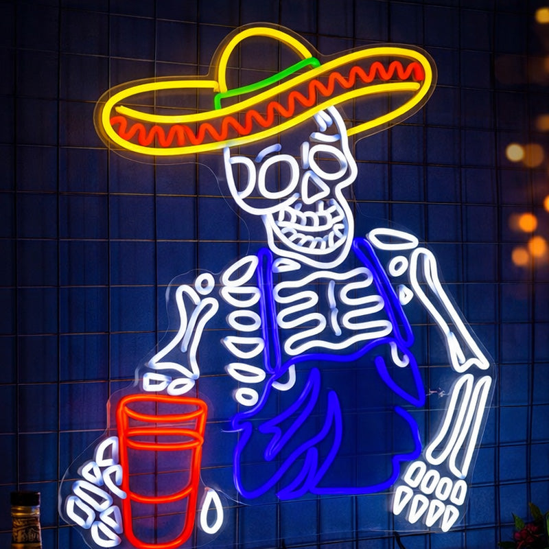 Sombrero Skeleton Neon Sign – Day of the Dead LED Wall Light