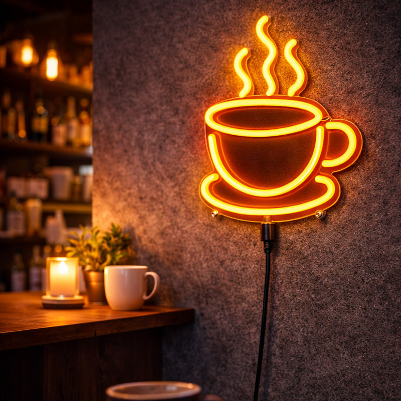 Steaming Coffee Cup Neon Sign – Warm Amber LED Wall Light for Café & Kitchen Decor