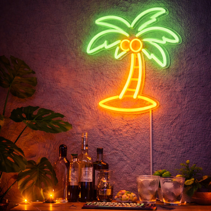 Tropical Palm Tree Neon Sign – Green & Yellow LED Wall Light for Home and Bar Decor
