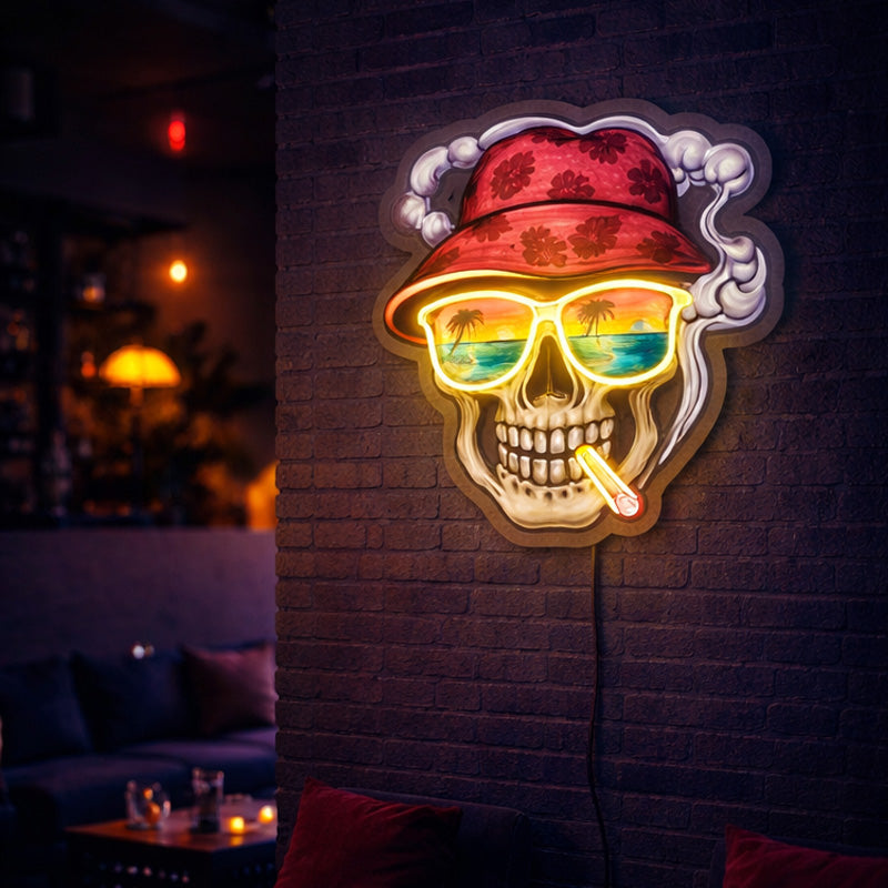 Tropical Skull Neon Sign – Beach Sunset LED Wall Art with Hat & Sunglasses