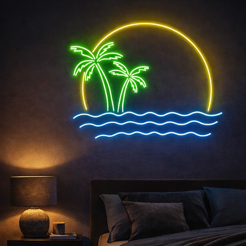 Tropical Sunset Neon Wall Sign – Palm Tree & Ocean LED Light for Bedrooms, Bars & Relaxing Interiors