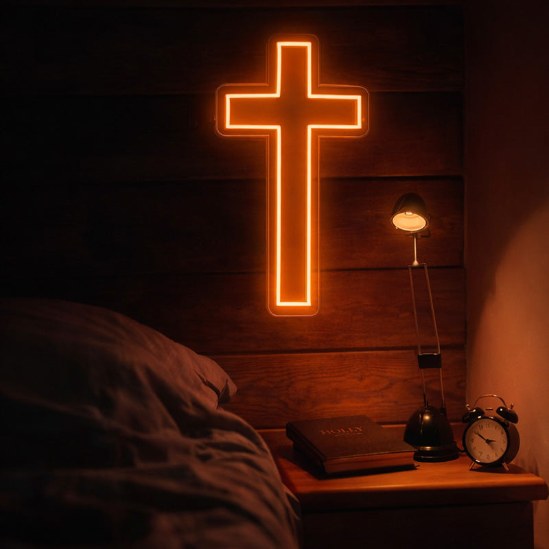Warm Amber Cross Neon Sign – Minimalist Faith-Inspired LED Wall Light