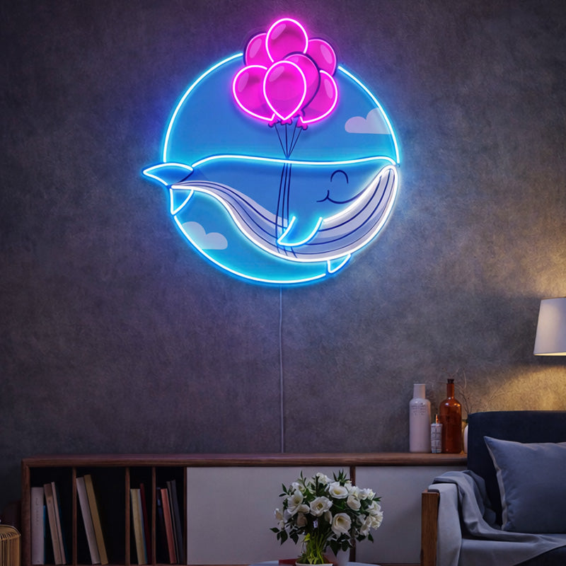 Whale with Balloons Neon Sign – Cute Blue LED Wall Light