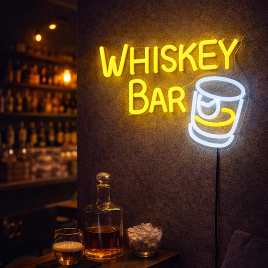 Whiskey Bar Neon Sign – Yellow & White LED Neon Wall Light for Bar, Pub & Home Decor