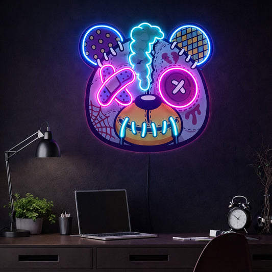 Zombie Teddy Bear Neon Sign – Colorful Horror-Style LED Wall Art