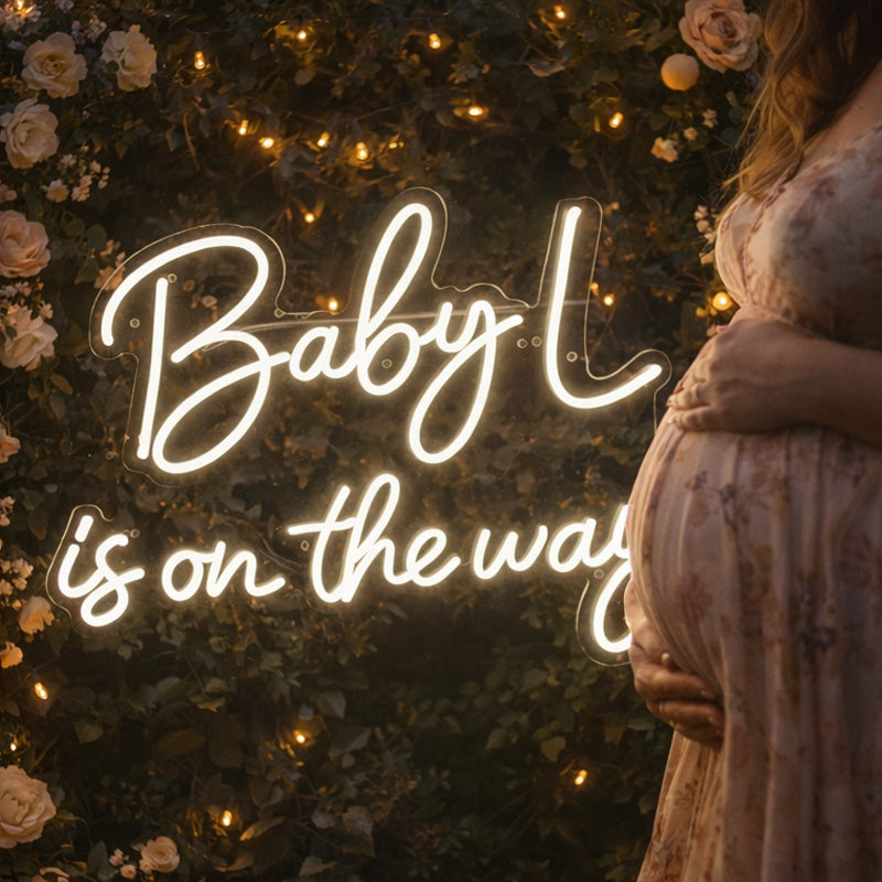 “Baby L on the Way” Neon Sign – Custom Baby Shower LED Neon Script Light for Pregnancy Announcement