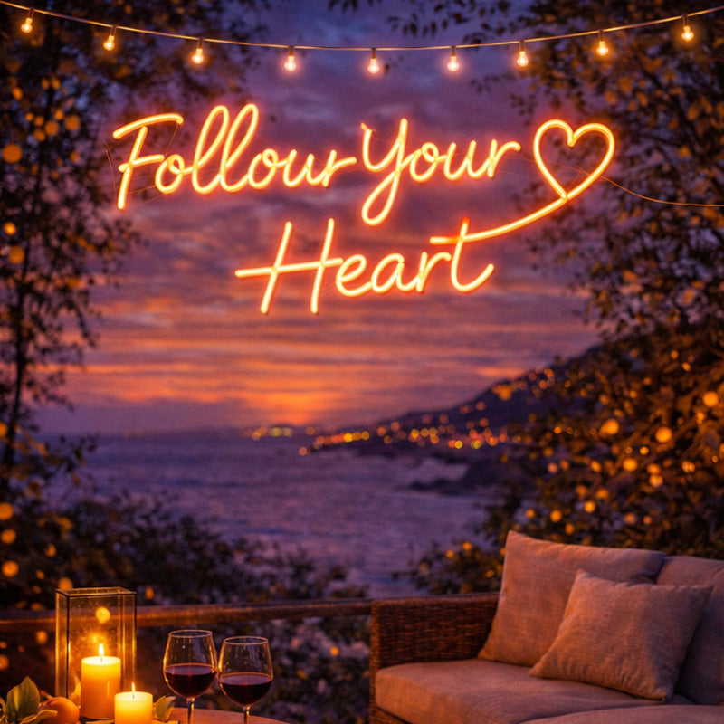 “Follow Your Heart” Warm LED Neon Sign – Inspirational Wall Decor