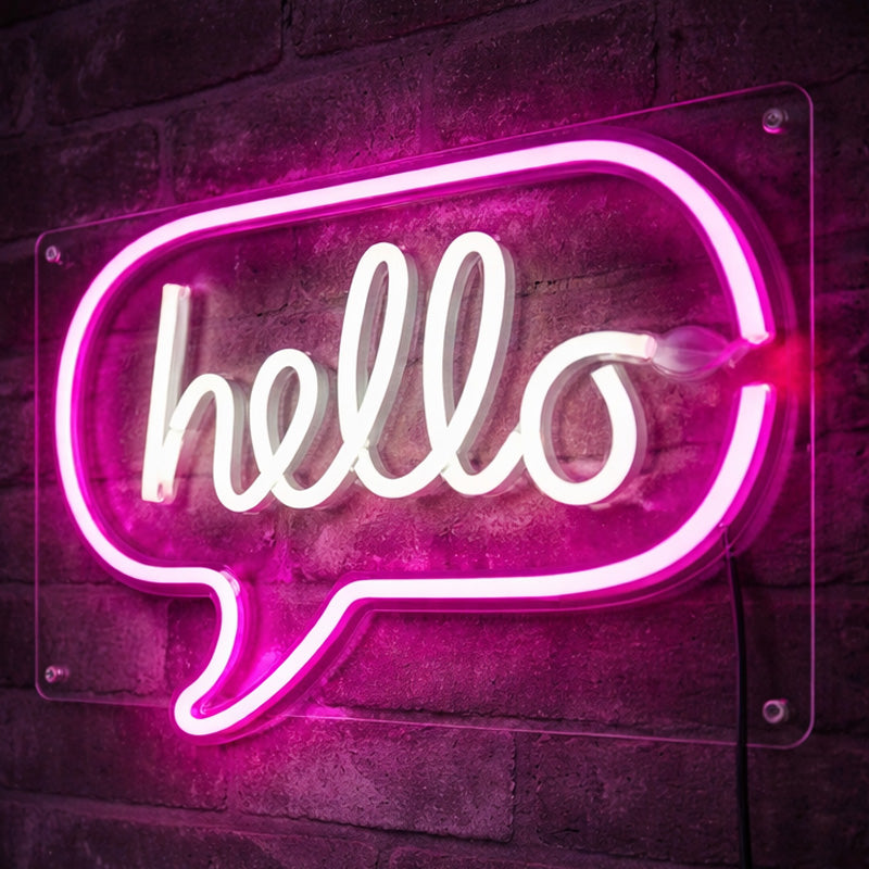 “Hello” Speech Bubble LED Neon Sign – Pink Acrylic Wall Decor Light