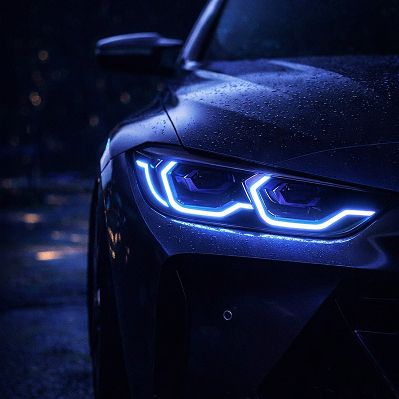 Blue LED Headlight Car Wall Art – Modern Automotive Canvas Print