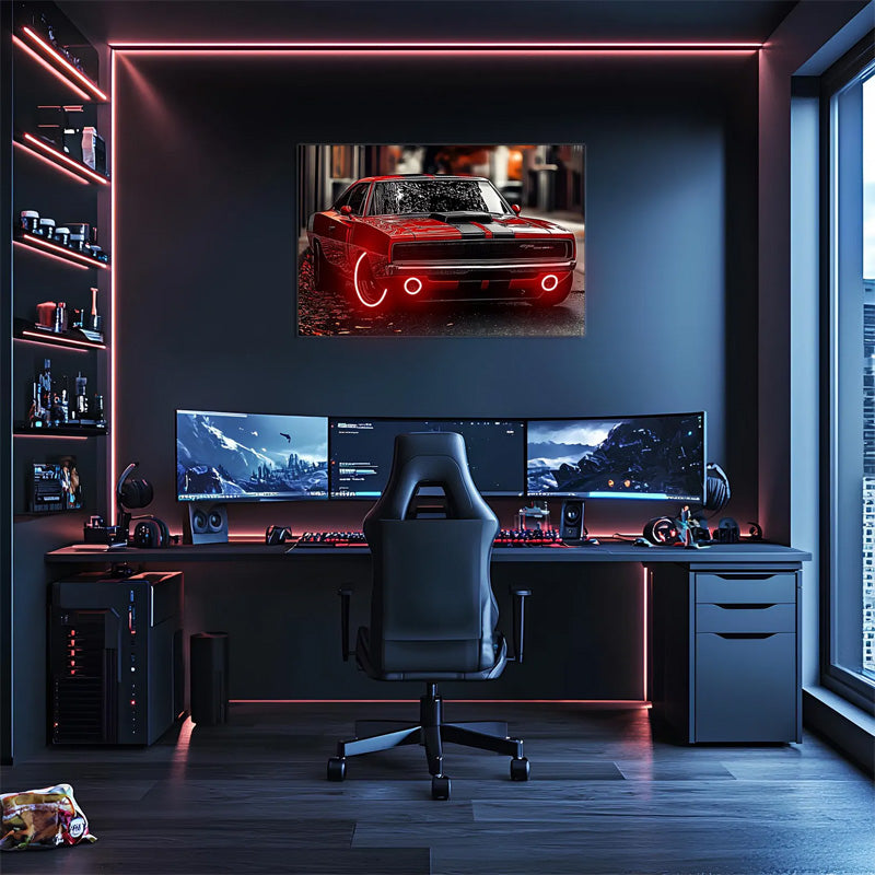 Classic Neon Muscle Car Wall Art (UV Printed) – Red Sports Car Man Cave Decor