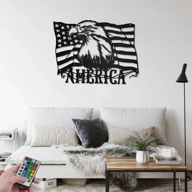 Custom Name American Eagle Flag Sign Decoration For Living Room, Metal Wall Signs With RGB Led Light