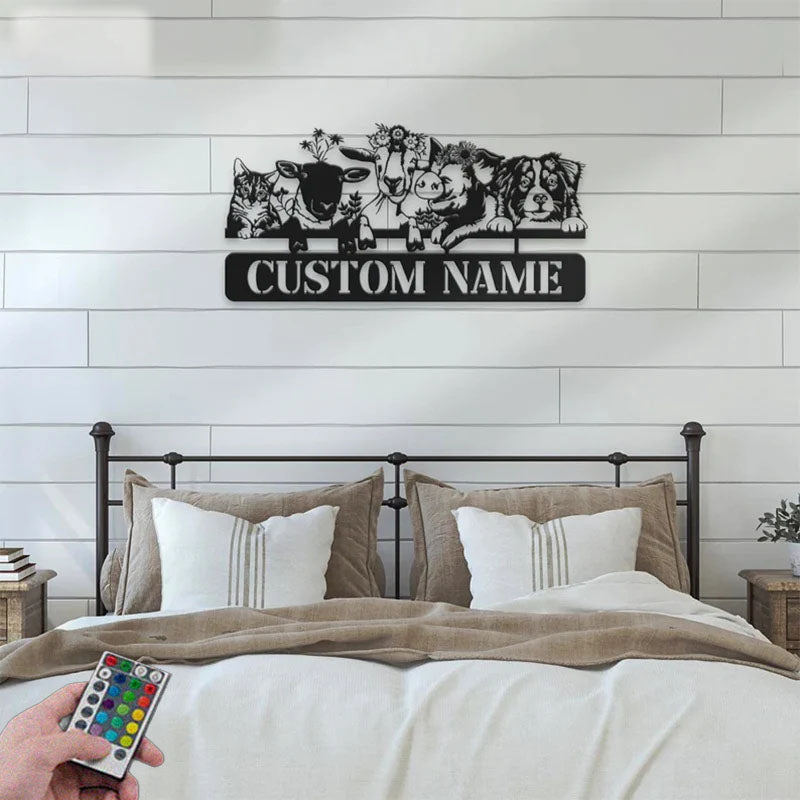 Custom Name Animal Livestock Name Sign Home Decor Farm Barn, Metal Wall Signs With RGB Led Light