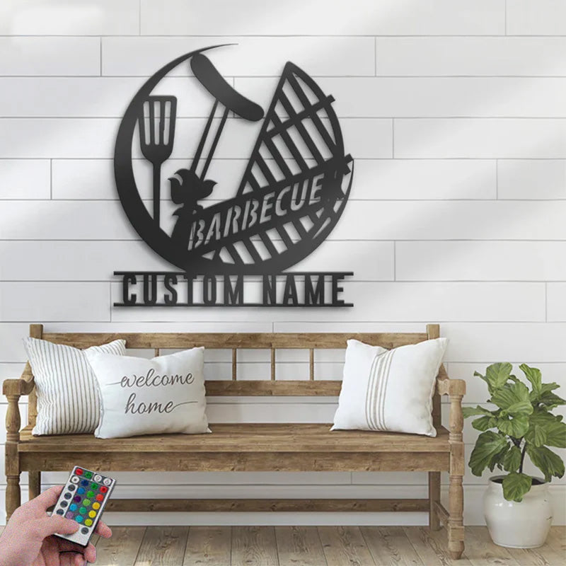 Custom Name BBQ Grill Metal Wall Signs With RGB Led Light