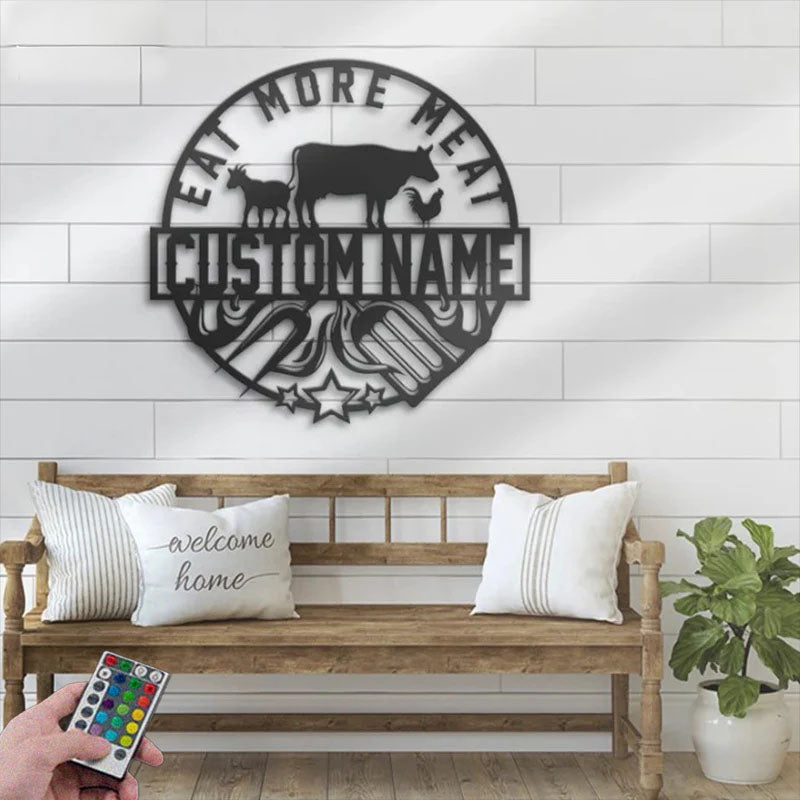 Custom Name Backyard BBQ Name Sign Home Decor Barbecue, Metal Wall Signs With RGB Led Light