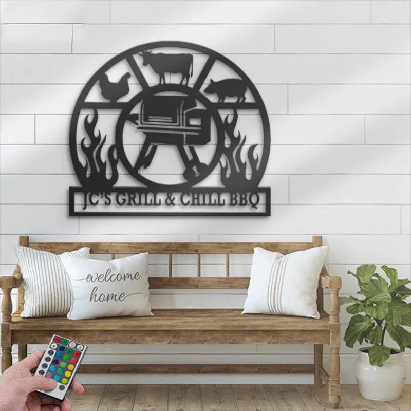 Custom Name Backyard BBQ Name Sign Home Decor Barbecue, Metal Wall Signs With RGB Led Light