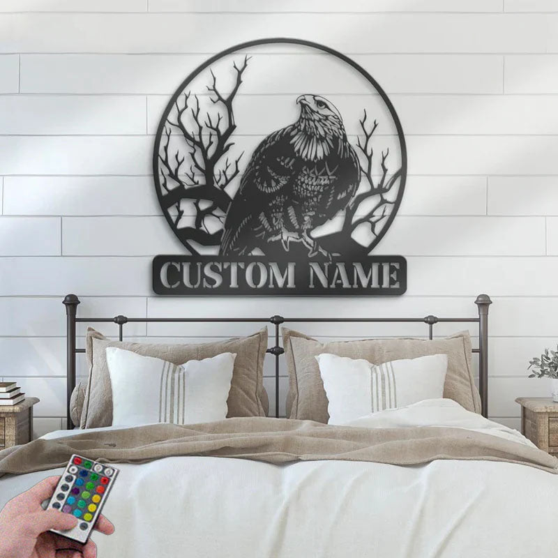 Custom Name Bald Eagle Name Sign Home Decor, Metal Wall Signs With RGB Led Light