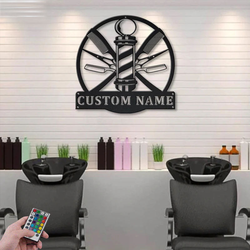 Custom Name Barber Hair Stylist, Metal Wall Signs With RGB Led Light