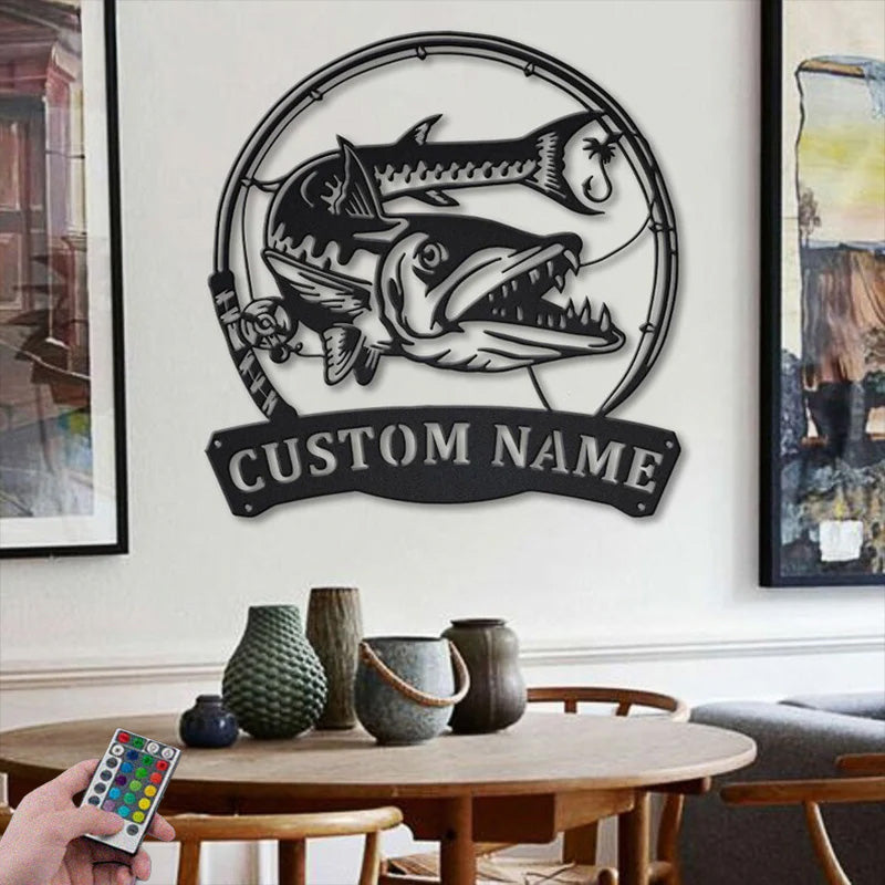 Custom Name Barracudas Fishing Fish Pole Metal Wall Signs With RGB Led Light