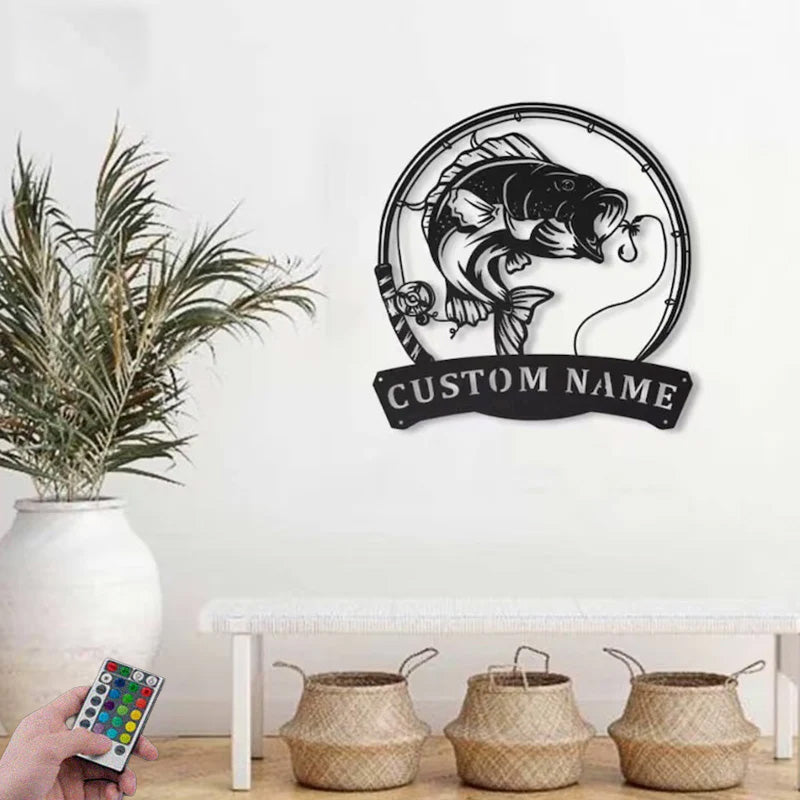Custom Name Bass Fishing Metal Wall Signs With RGB Led Light