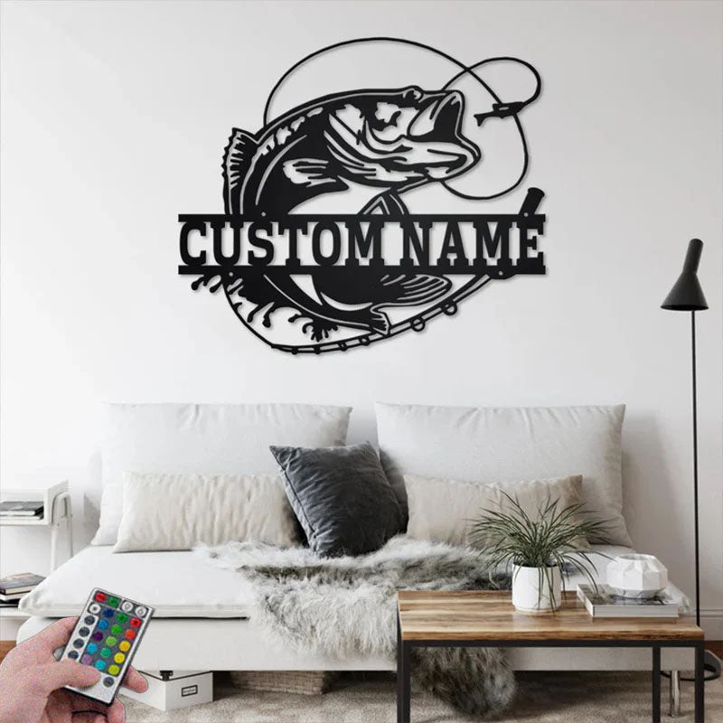 Custom Name Bass Fishing Name Sign Decoration For Room, Metal Wall Signs With RGB Led Light