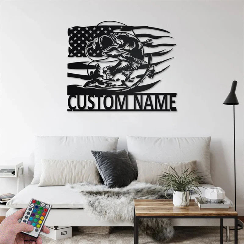Custom Name Bass Fishing Name Sign Decoration For Room,Metal Wall Signs With RGB Led Light